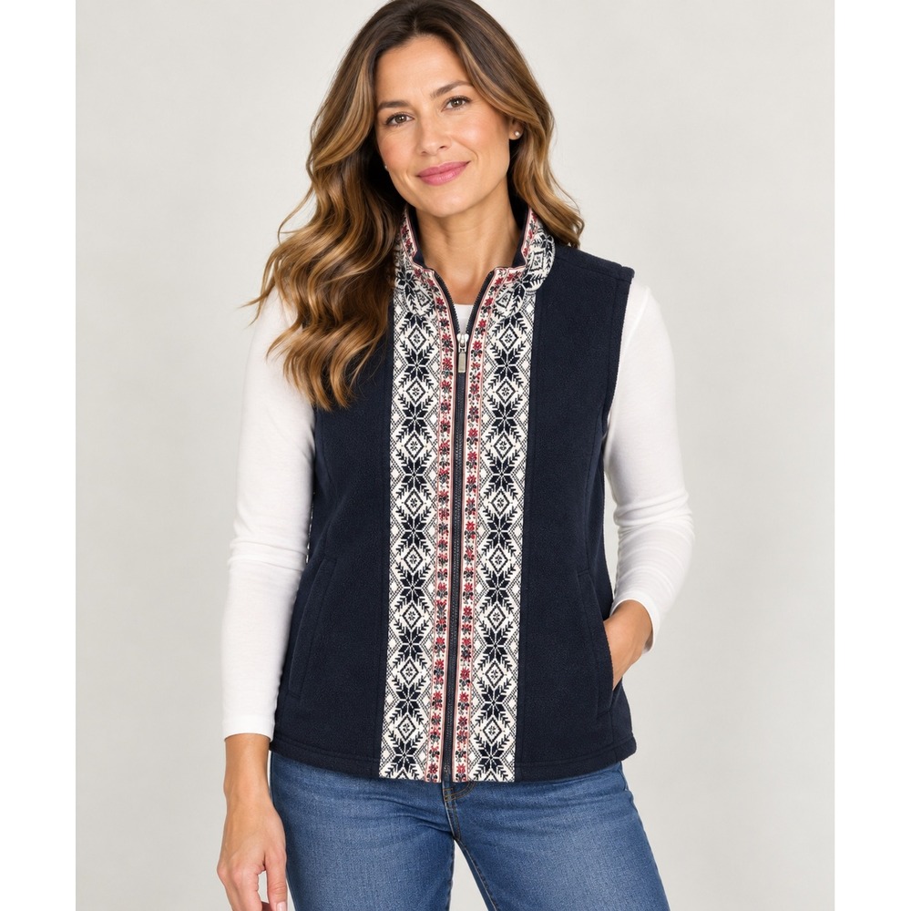 LL Bean Womens Fleece Vest Navy Nordic Snowflake Floral Full Zip O PA63 Large